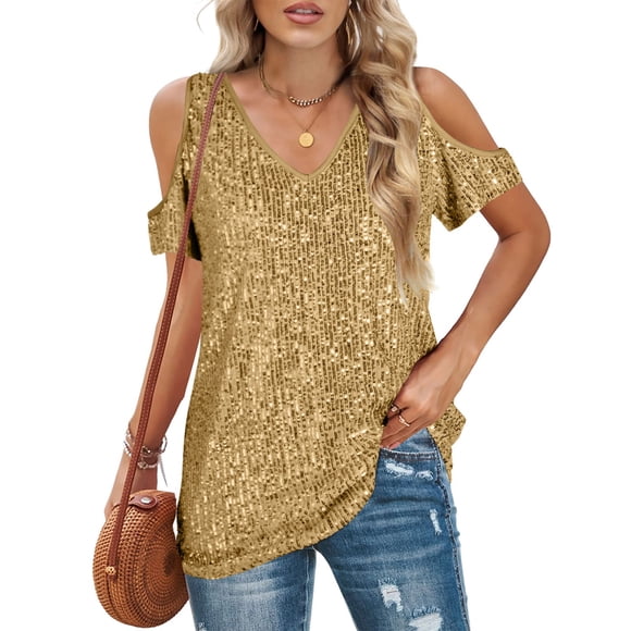 YUTK T Shirts for Women Tops Clearance Sale Women'S Off-The-Shoulder Short Sleeve V-Neck Solid Color Gold L