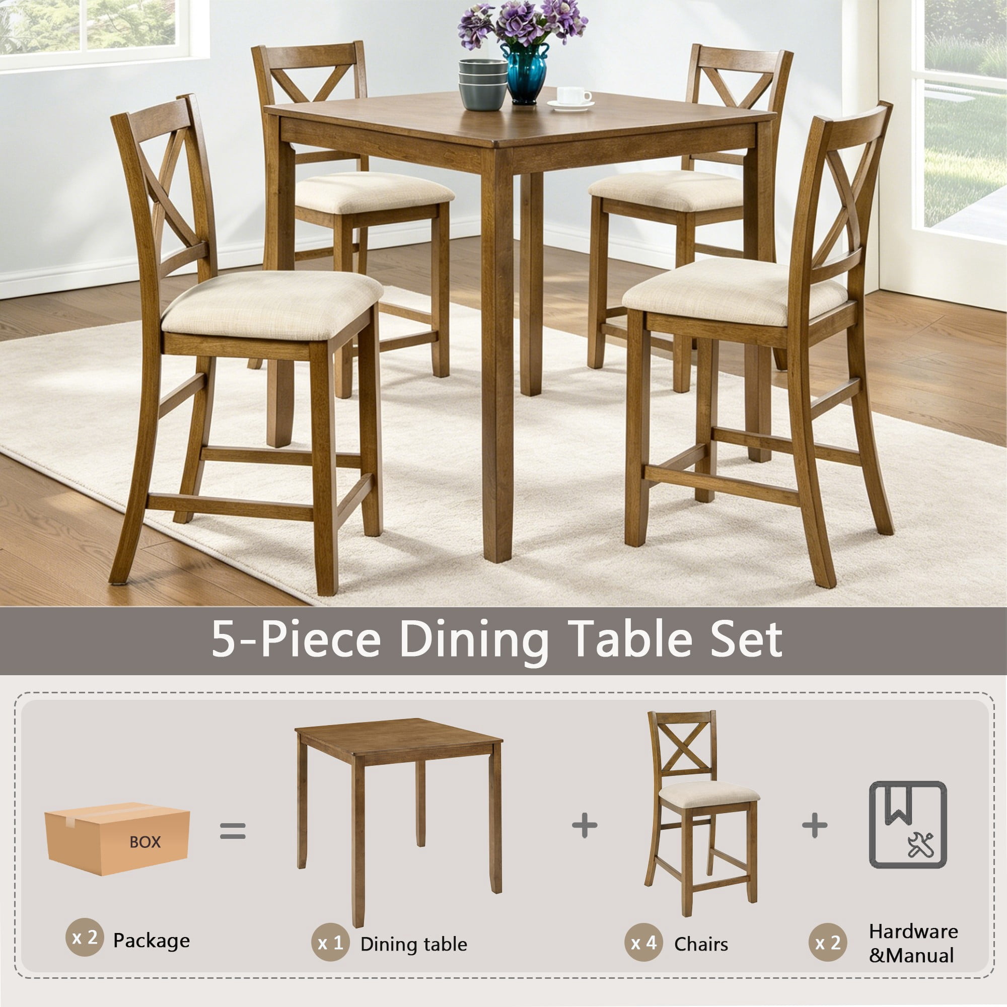 BSHTI 34.5" Acacia Wood 5-Piece Counter Height Dining Table Set with Fabric Upholstered X-Back Chairs for Kitchen Dining Room（Oak）