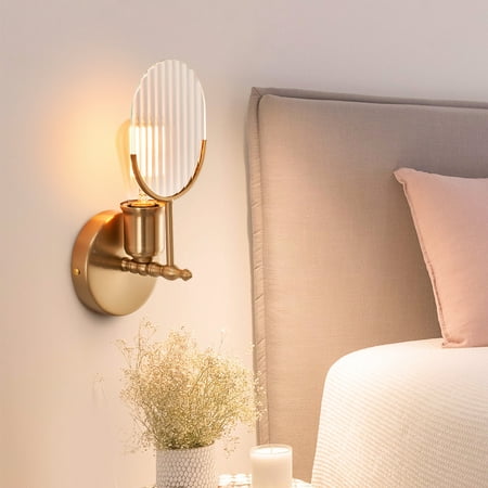 

Bestco Modern Wall Light Fixture Armed Wall Sconce with Metal Frame Glass Shade Gold