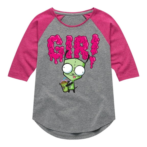 Invader ZIM - GIR Drinking and Sticking Tongue Out - Toddler And Youth Girls Raglan T-Shirt