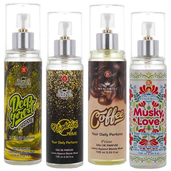 Combo de Vaporisateur Parfumé pour Hommes & Femmes Lot de 4 X 105ml - 3.5 Fl.oz. Chacun / Deep Forest+ Nightlife+ Coffee+ Musky Love Primes Eau de Parfum / Parfum Unisexe Longue Durée - Votre Parfum Quotidien