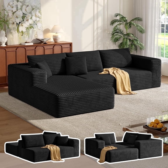 MoonSpeak 107" Sectional Boneless Couches for Living Room.Deep Seat Corduroy L Shaped Modular Sofa.Cloud Sectional Sofa.Upholstered Couches with Oversized Chaise(Black,Left Chaise)