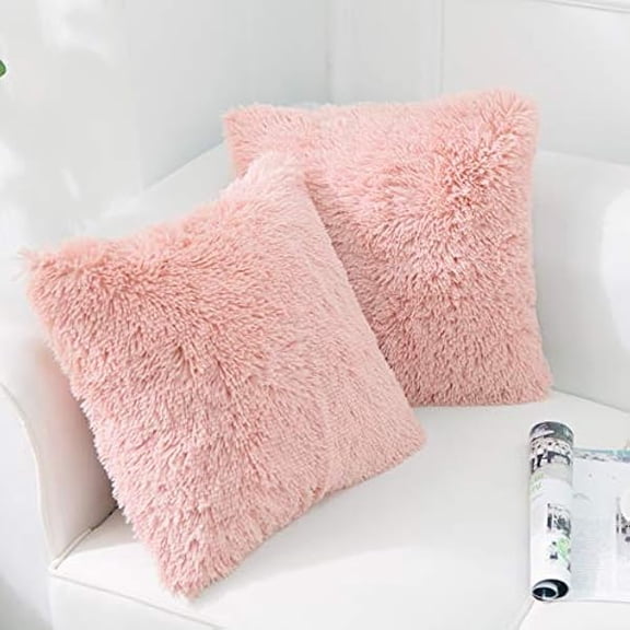 Eryueer Pack of 2 Faux Fur Cushion Covers 40 x 40 cm Luxury Fluffy Decorative Fuzzy Square Throw Pillow Case 16 x 16 for Sofa Decor Pink