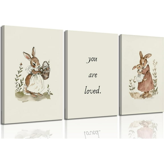 3 Pcs Bunny Nursery Canvas Wall Art Retro Cute Bunny Painting Picture Wall Decor Vintage Rabbit Mom and Baby Poster Print Artwork for Girls Room Bedroom living room Home Decoration