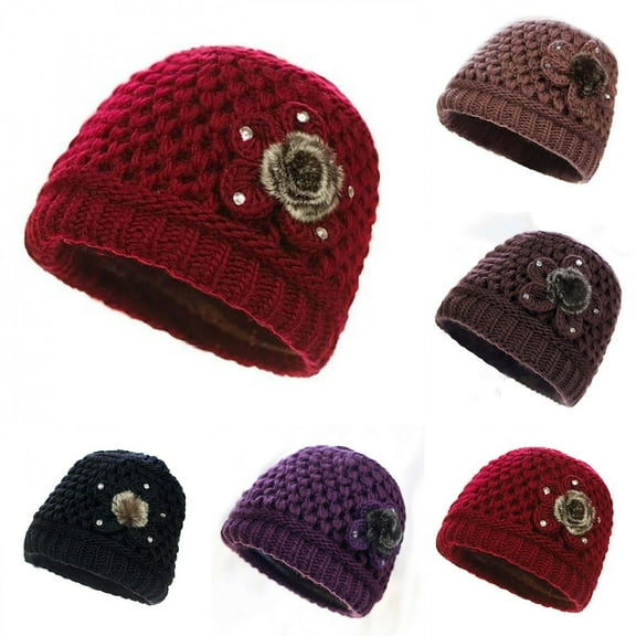 Msgweeeg Beanie Hats Beanie Women's Winter Add Plush Warm Knitted Flowers Hats Thickening Plush Hat for Outdoor Workand Construction