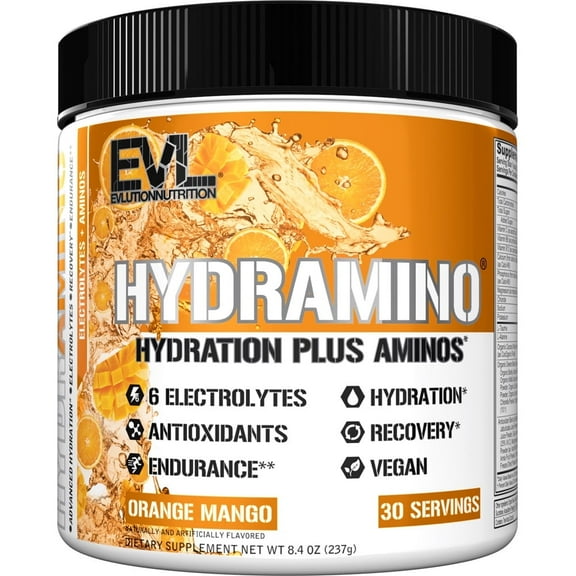 HYDRAMINO Electrolyte Drink Mix 30 Servings - Essential Amino Acid & Vitamin B Complex - Evlution Nutrition Coconut Water Hydration Powder, Orange Mango Flavor