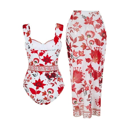 Yajing Bathing Suit For Women Women s Retro Fashion Bandeau Swimsuit With Beach Cover Up Wrap Skirt Two Bikini Set Red Xl