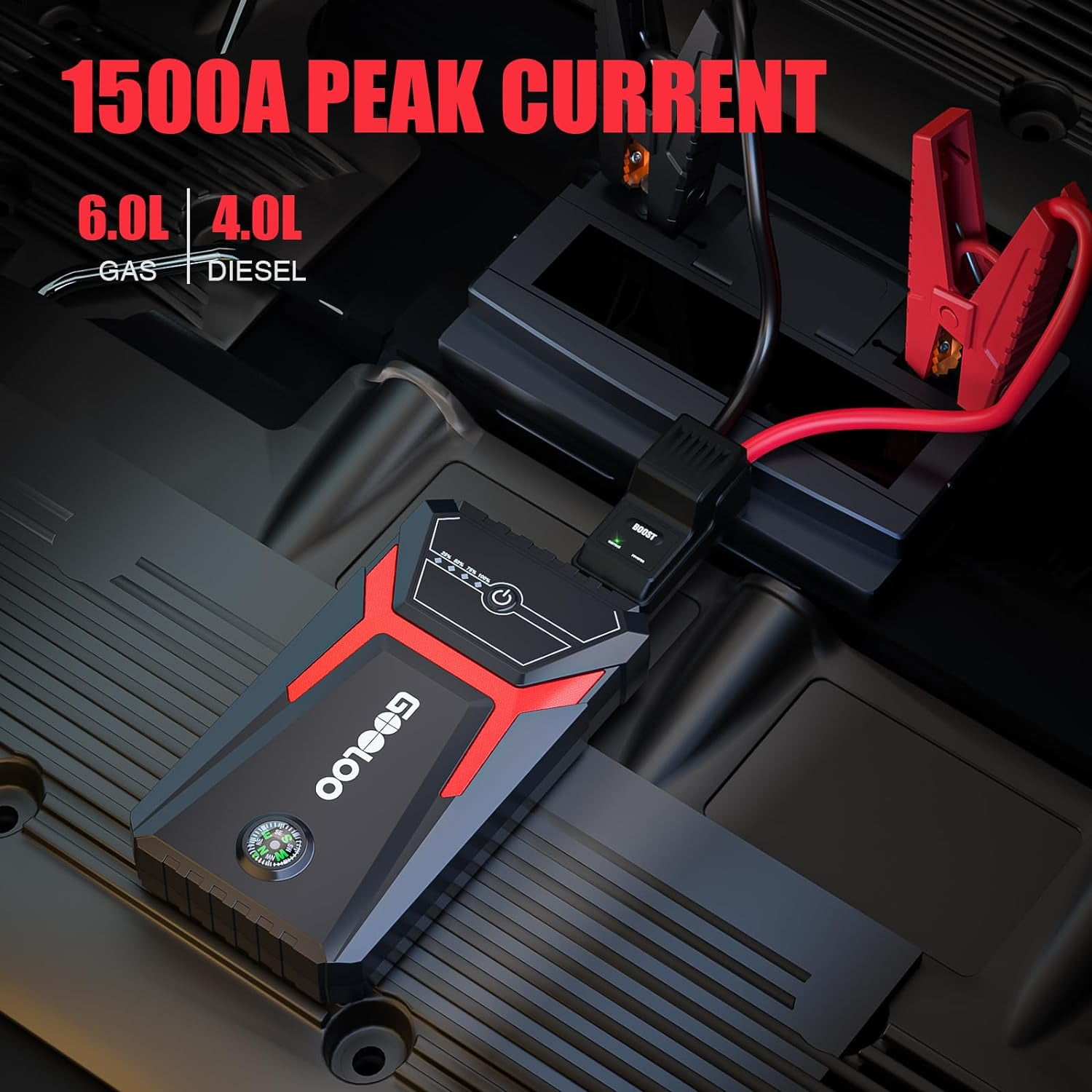 GOOLOO Car Jump Starter,1500A Peak  12V Battery Jump Box with Quick Charge Out(Up to 6.0L Gas and 4.0L Diesel Engines),GE1500 Portable Battery Booster Pack Power Bank Car Starter