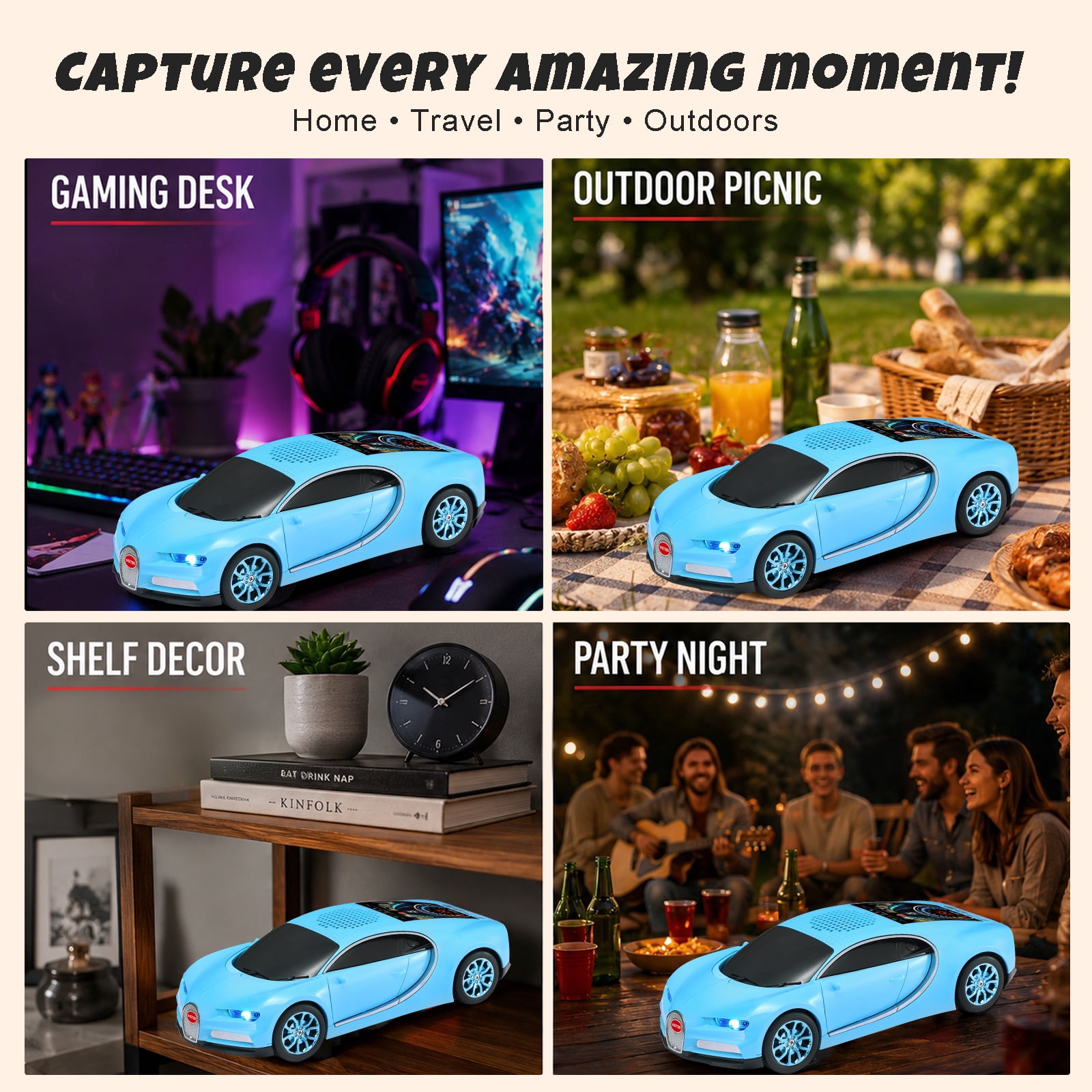 WSTER WS-660 portable Bluetooth speaker is a cool, car-shaped wireless speaker with LED lights, an FM radio, and TF card support.Suitable for desktop decorations/computer use/outdoor use/party use