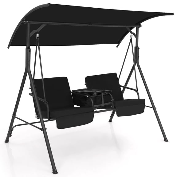Black 2-Person Outdoor Porch Swing With Canopy, Removable Cushions, Center