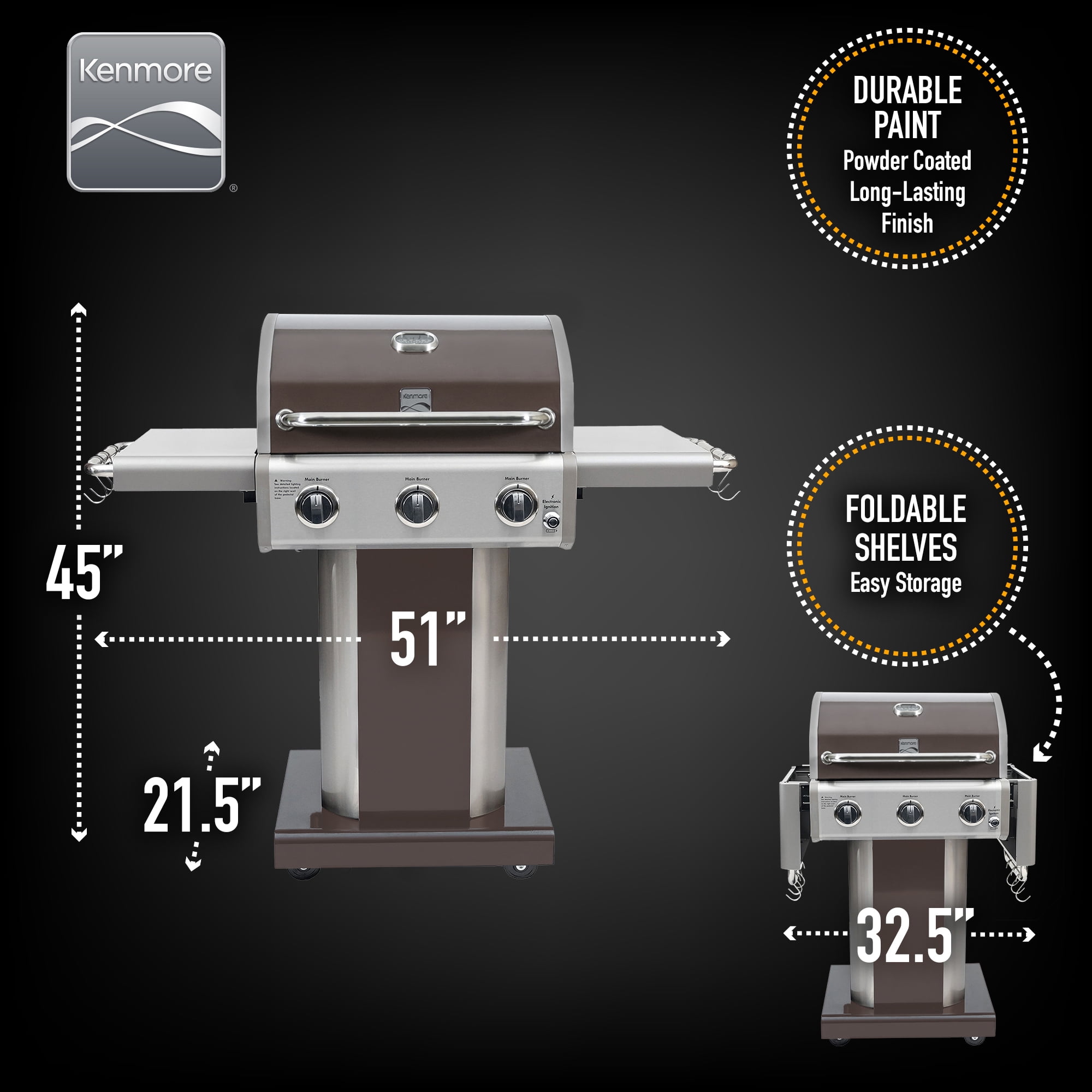 Kenmore 3-Burner Gas Grill, Outdoor BBQ Grill, Propane Grill with Foldable Side Tables, Mocha Brown