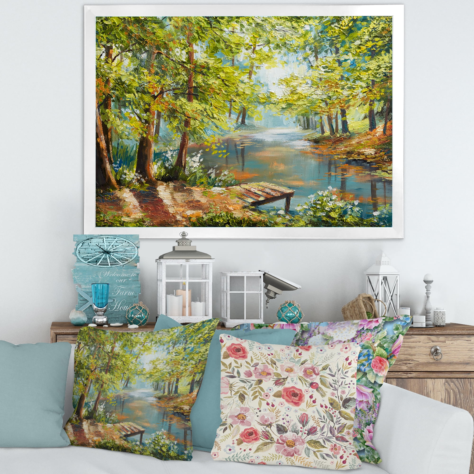 Meandering River With Autumn Forest 20 in x 12 in Framed Painting Canvas Art Print, by Designart