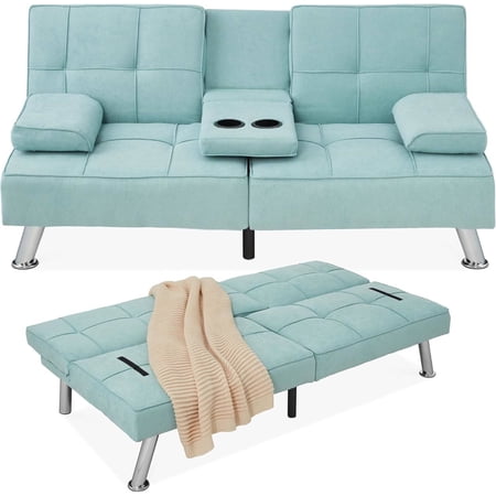 Linen Modern Folding Futon, Reclining Sofa Bed for Apartment, Dorm w/Removable Armrests, 2 Cupholders - Aqua