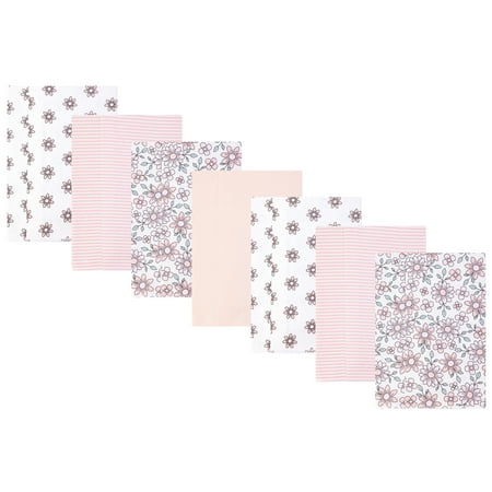 Hudson Baby Infant Girls Cotton Flannel Burp Cloths 7-Pack, Pink Mint Floral, One Size
