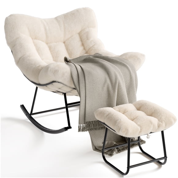 Oversized Papasan Rocking Chair with Ottoman – Sturdy Steel Frame Egg Patio Chair – Soft Cushion & Footrest for Balcony, Garden, Bedroom, Living Room – 400lb Capacity – Black Spray + White Soft Cloth