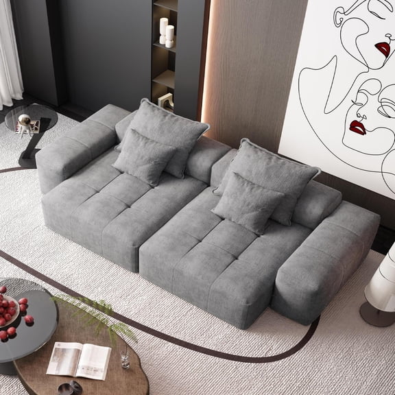 Modern Oversized Modular Sectional Sofa with 2 Chaise Lounges and 2 Armrests, 4-Piece Tufted DIY Combination Couch with Sparkling Chenille Upholstery and 4 Pillows, No Assembly Required, Gray