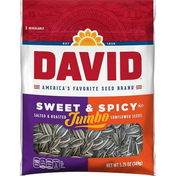 David Roasted and Salted Sweet and Spicy Jumbo Sunflower Seeds, 5.25 Ounce -- 12 per Case.