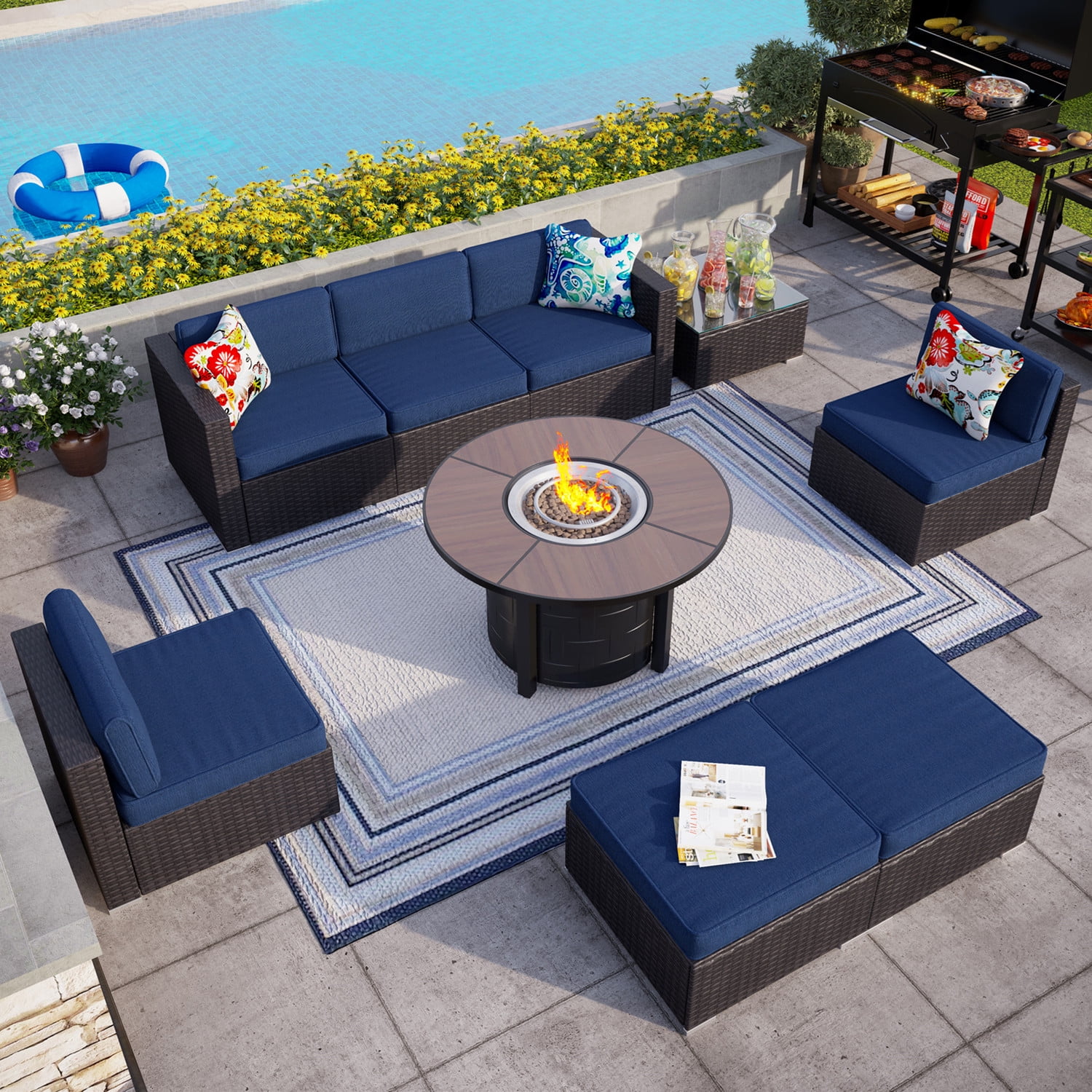 MF Studio 9 Pieces 42' Gas Fire Pit Table Set, Outdoor Rattan Sectional Sofa Sets with 50000 BTU Gas Fire Pit Table, CAS Certified