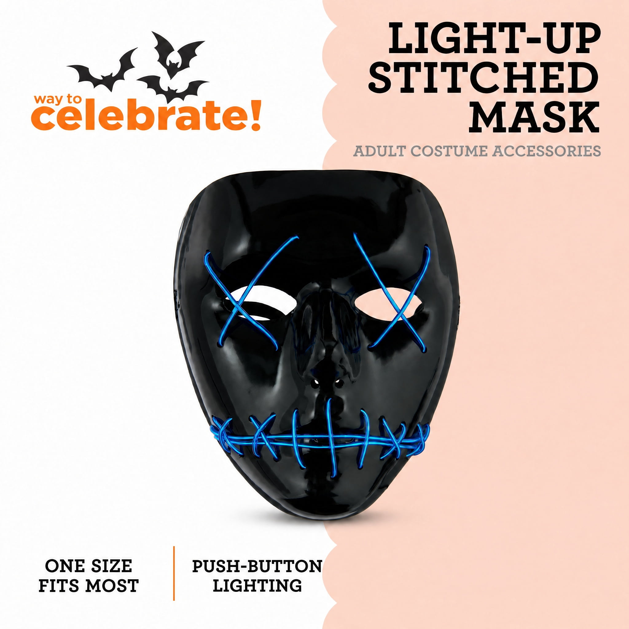 Light-Up Stitched Mask Costume Accessory for Adults, Black and Blue, Halloween by Way To Celebrate