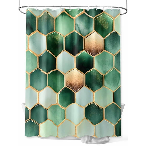 Geometric Pattern Shower Curtain, Green Brown Hexagon Collage Art Waterproof Shower Curtain Set with 12 Hooks Lightweight Washable Fabric Shower Curtains for Bathroom 36x72 Inches