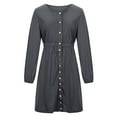 thumbnail image 4 of Fesfesfes Women Dress Casual Fall Solid Sexy U-Neck Buttons Long Sleeve Waist Dress Clearance Under $10, 4 of 8
