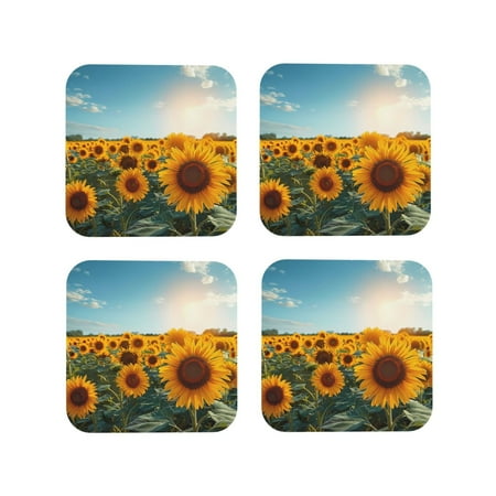 

Yiaed Sunlit Sunflower Field Print Leather Coasters for Drinks - Cup Coasters Coffee Table Kitchen Table Bar Home & Office Gifts Handmade Drink Coasters-Square