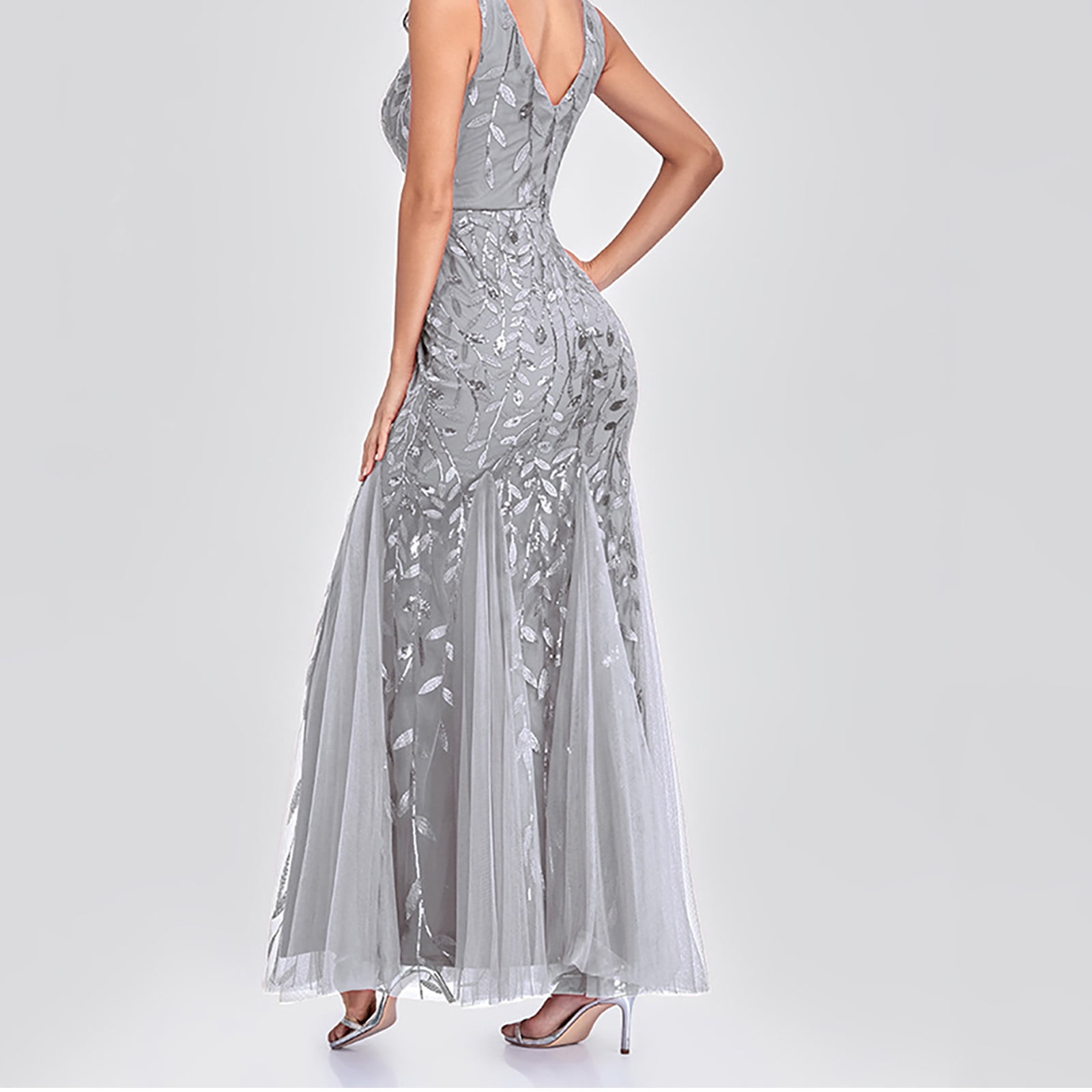 Womens Luxurious Sequins Formal Evening Dress Elegant Sleeveless Mermaid Tulle Floor Lenght Party Cocktail Dresses