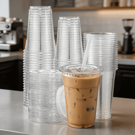 Reusable Heavy-Duty Plastic Cold Drink Cups with Lids and Straws 100-Pack, Clear Thickened Tumblers for Iced Coffee and Smoothies