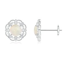 Angara Natural Vintage Style Opal and Diamond Fleur De Lis Earrings in 14K White Gold for Women (Size-5mm) | October Birthstone Jewelry for Her