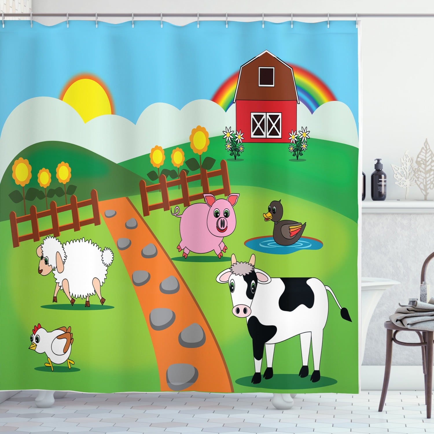Cow Farm Animal Farmhouse Oil Painting Waterproof Fabric Shower Curtain Set 72" 