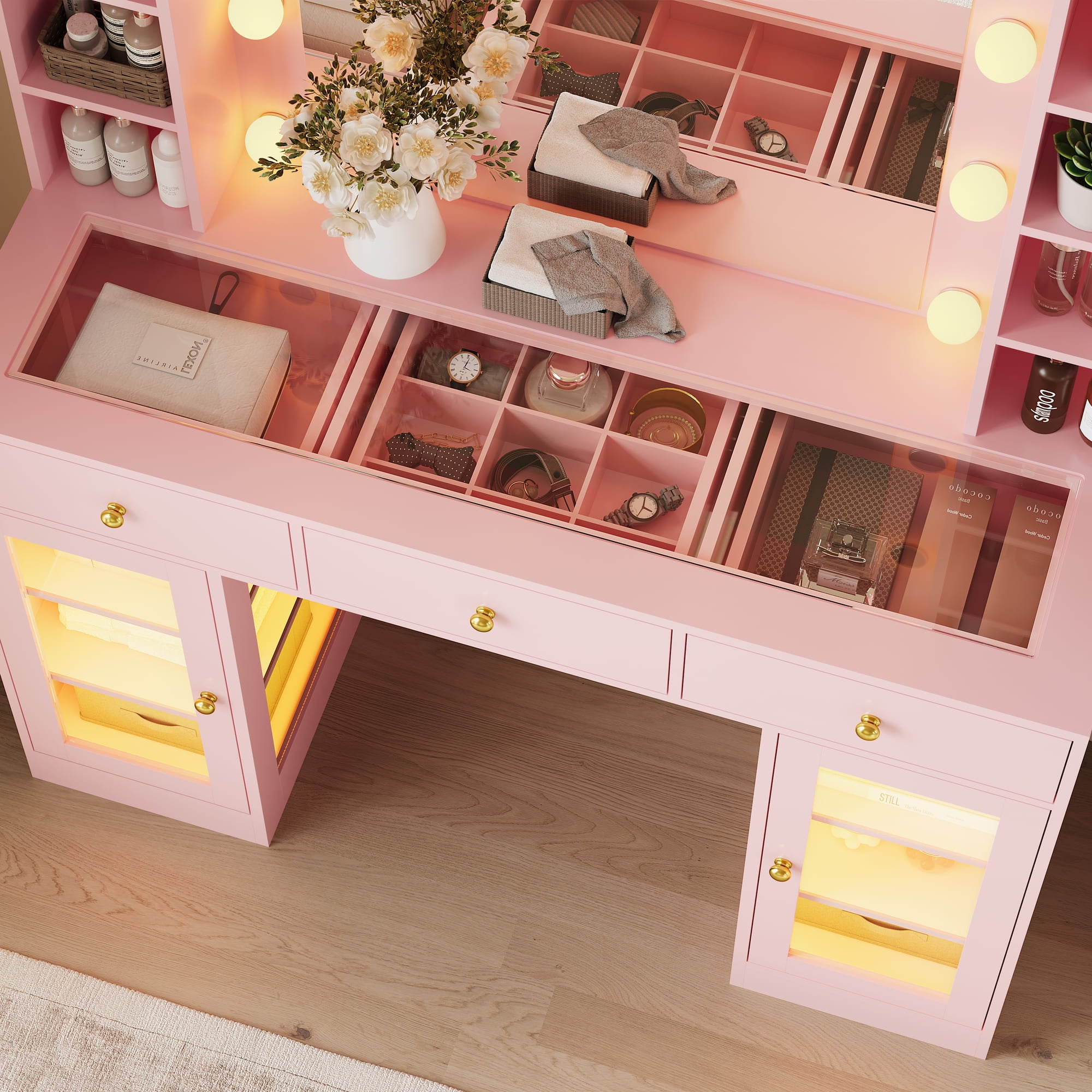 Vanity Desk with Mirror and Lights, Glass Top Vanity with Lighted Mirror & RGB Glass Cabinet and 3 Drawers, Makeup Vanity Desk with Lights Dressing Table for Bedroom, 3 Color Modes