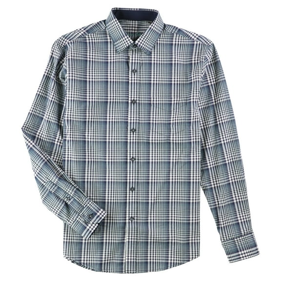 Tasso Elba Mens Plaid LS Button Up Shirt, Blue, Medium