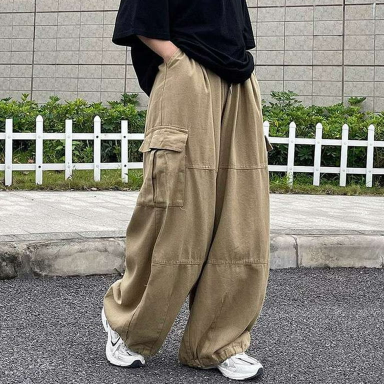 福袋 大丸 Fusipu Men Pants Wide Leg Multi Pockets Elastic Waist Solid Clothing