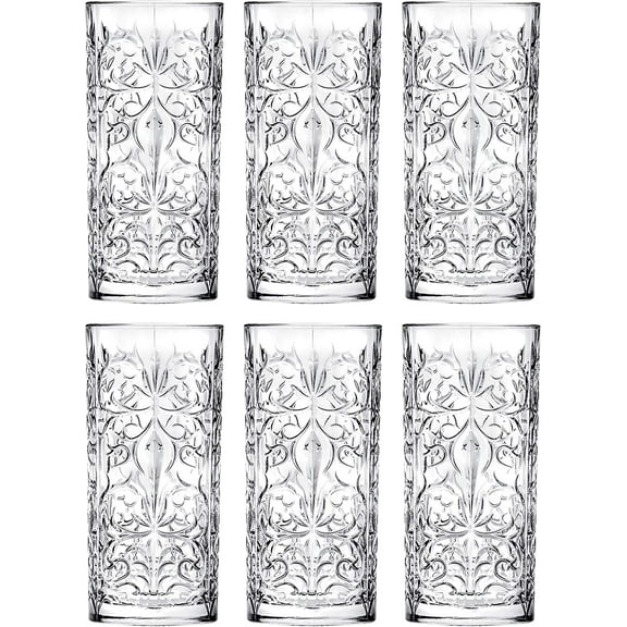 Barski Highball - Glass - Set of 6 - Hiball Glasses - Glass Crystal - Beautiful Tattoo Design - Drinking Tumblers - for Water, Juice, Wine, Beer and Cocktails - 13 oz Made in Europe