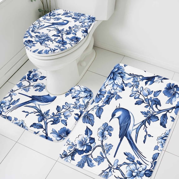 Dark Blue Bathroom Rugs Set Bird Flowers Leaf Botanical Nature Scenery Rustic Non Slip Absorbent Soft Bath Mats 3 Piece Set with Bathroom Rug, U-Shaped Floor Mat, Toilet Seat Cover Large Size