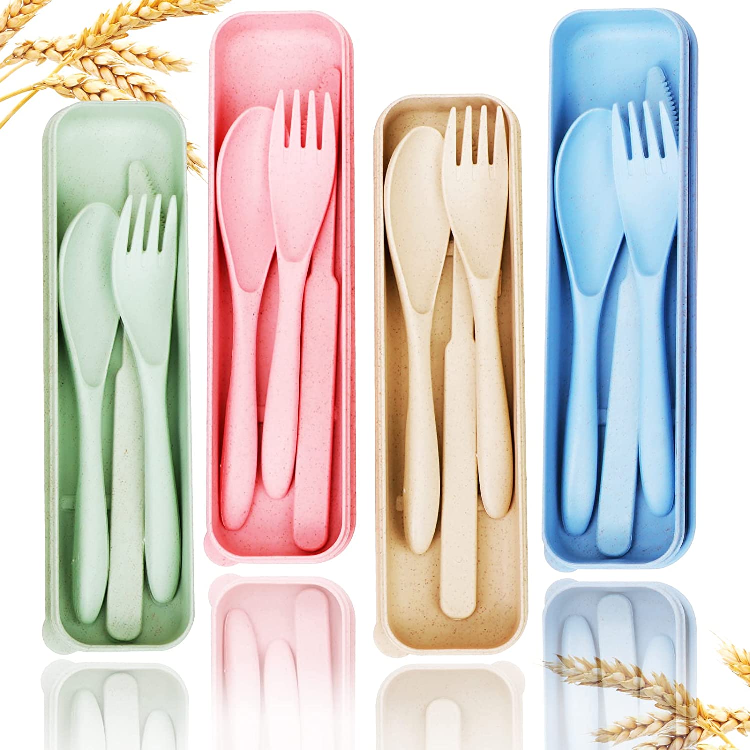 DYRICH Reusable Camping Utensils Set with Case, 4 Sets Wheat Straw