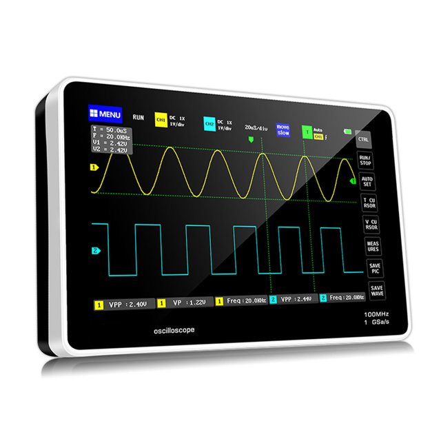 Osciloscopios digitales de 2 canales con carga USB, 1 GSa/s, 100 MHz, pantalla táctil, enchufe estadounidense, 110-220 V