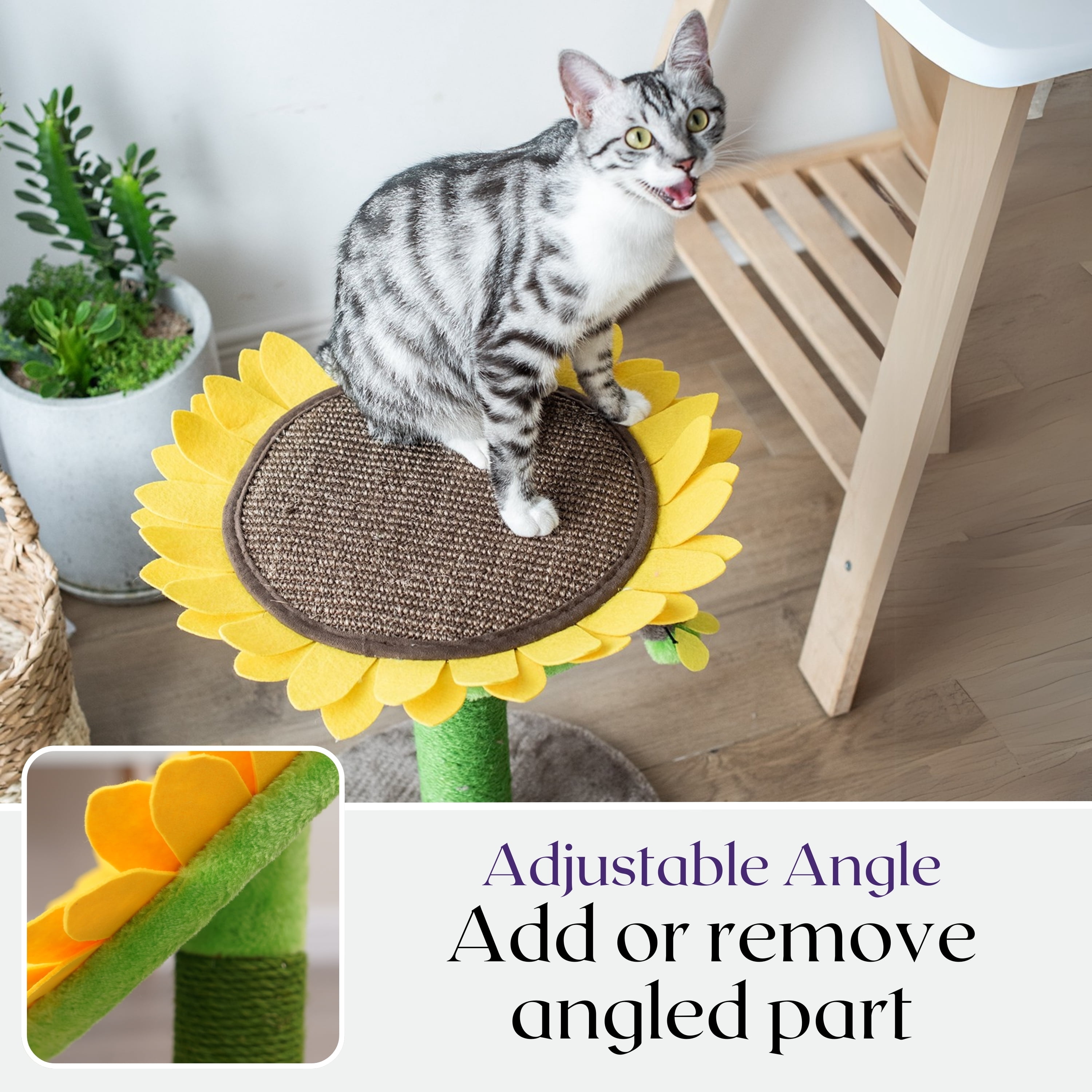 "Catry 24"" Sunflower Cat Sisal Scratching Post, Adjustable Flower Pad with Bee Toy, Plush Kitten Furniture"