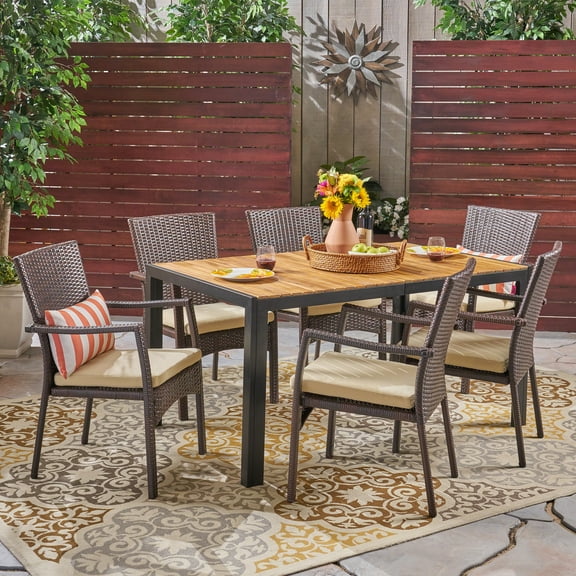 Dulce Outdoor 7 Piece Rectangular Acacia Wood and Wicker Dining Set, Brown, Teak, Cream