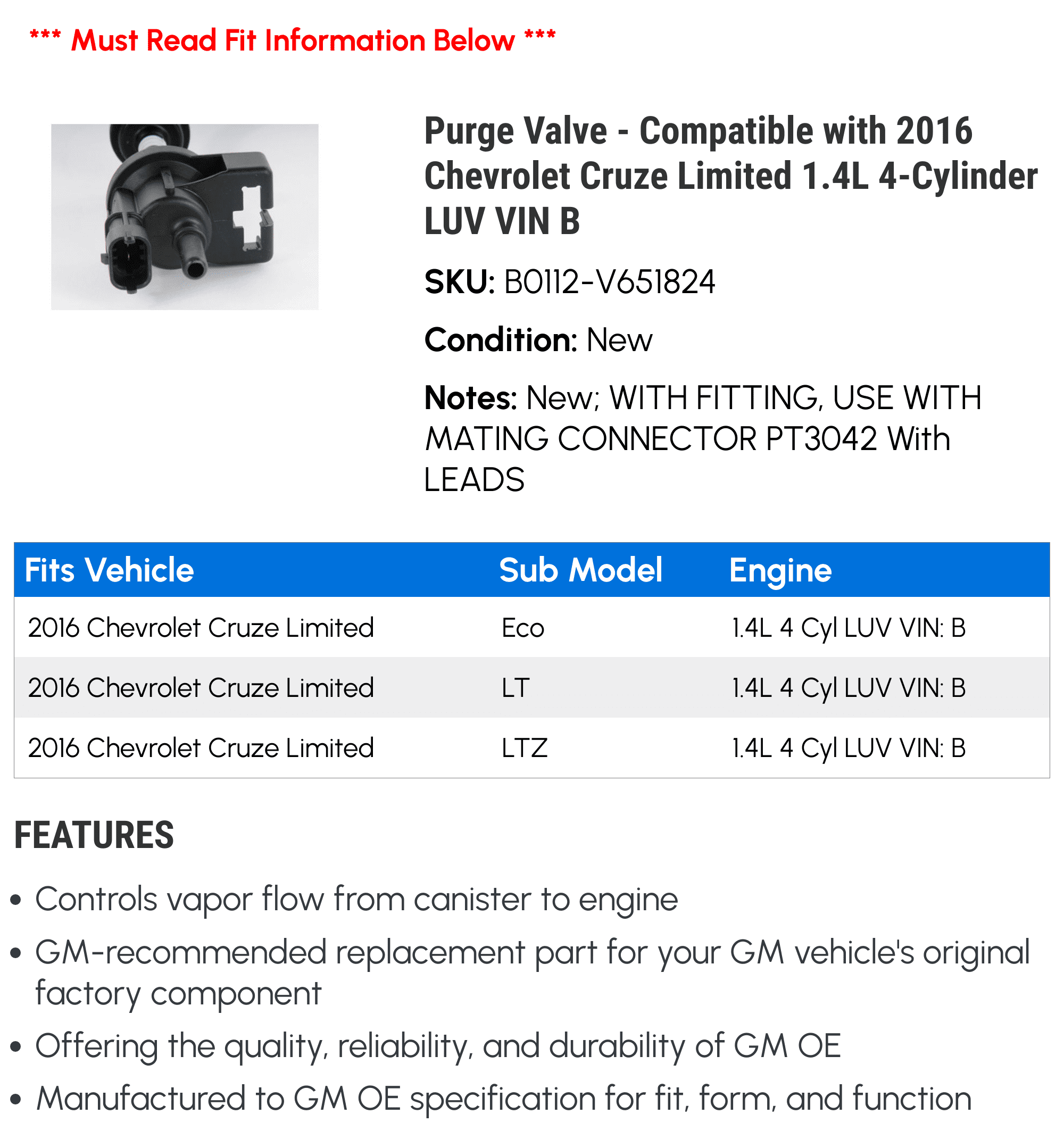 Purge Valve - Compatible with 2016 Chevrolet Cruze Limited 1.4L 4-Cylinder LUV VIN B - AC Delco