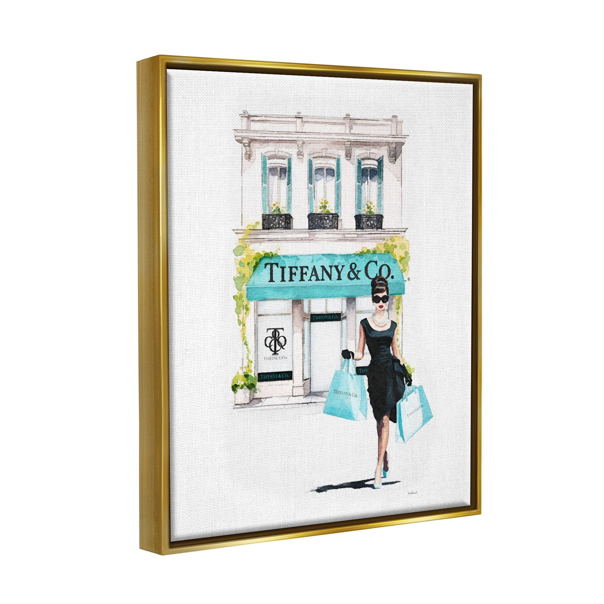Stupell Industries Girl with Shopping Bags Town & City Painting Gold Floater Framed Canvas Art Print Wall Art, 25 x 31