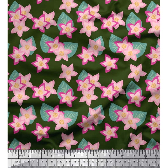 Soimoi Green Cotton Duck Fabric Leaves & Floral Print Fabric by Yard 42 Inch Wide