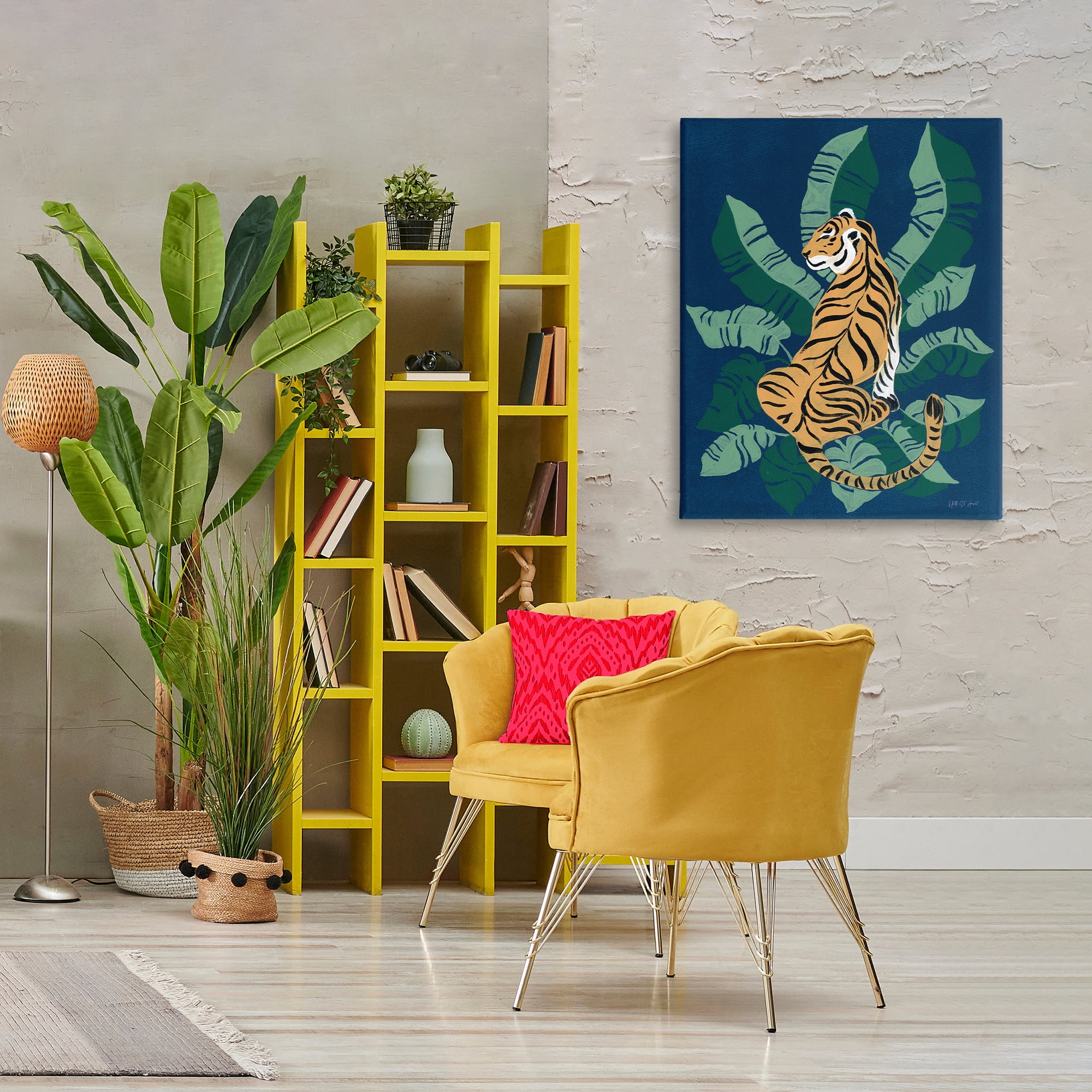 Stupell Industries Tiger Sitting over Palms Animals & Insects Painting Gallery Wrapped Canvas Art Print Wall Art, 30 x 40