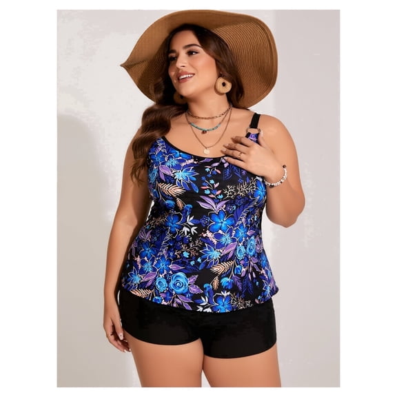 Women Plus Size Tankini Modest Swimsuit Two Piece Flowy Swimdress Scoop Neck Bathing Suits