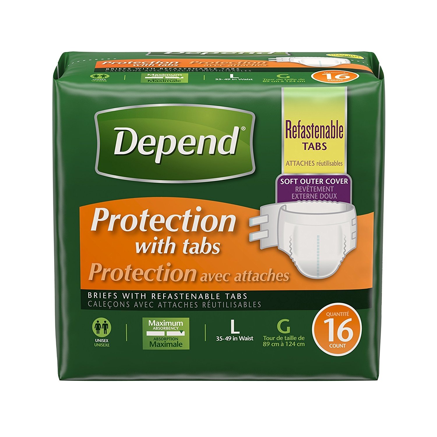 Depend Protection Briefs with Tabs, Maximum, Large, 16 Count