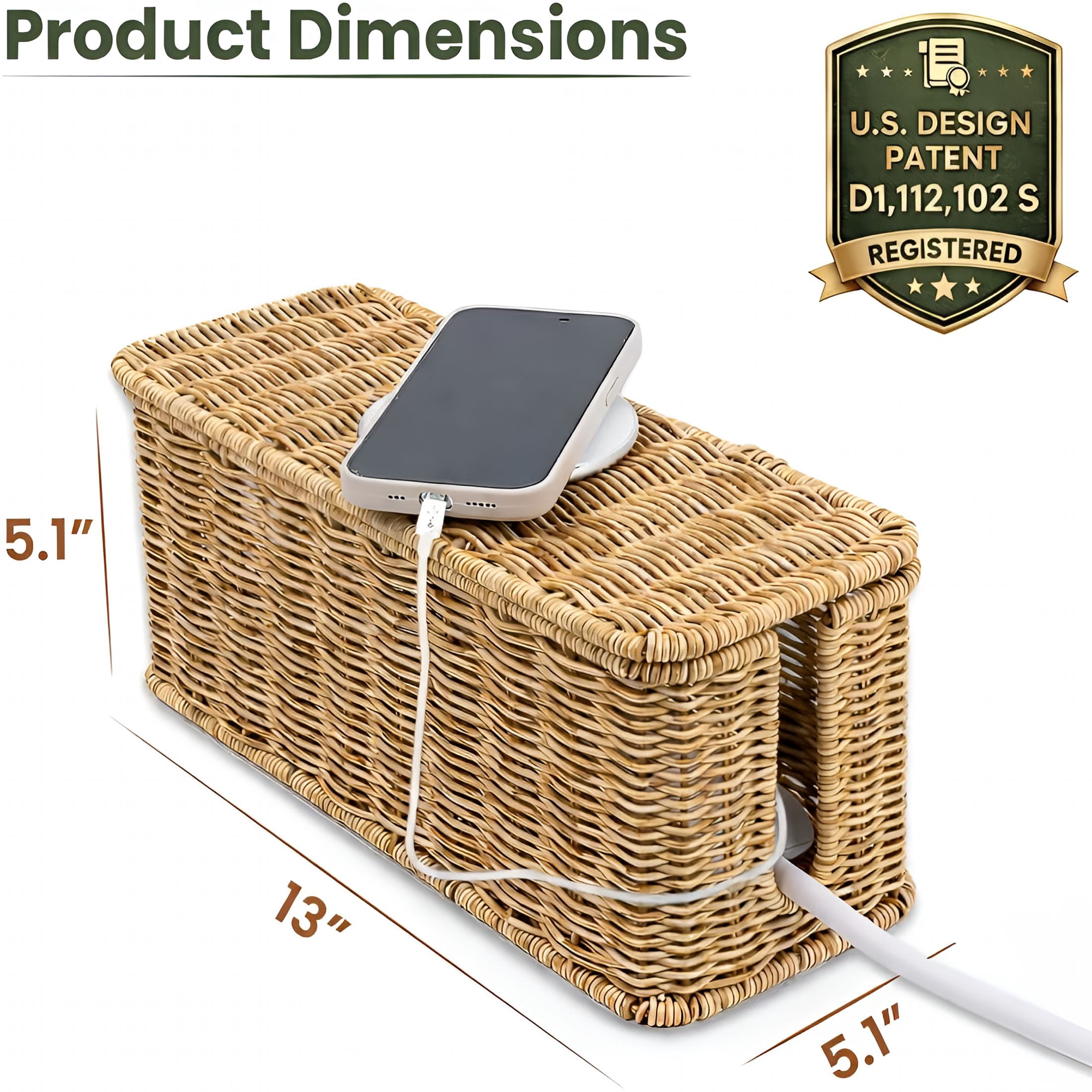 CCOCC Cable Management Box,Handmade Rattan Cable Organizer with 2 Open Slots,Cord Hider for Power Strip,Router & USB Hub,13" x 5.1" x 5.1",Natural