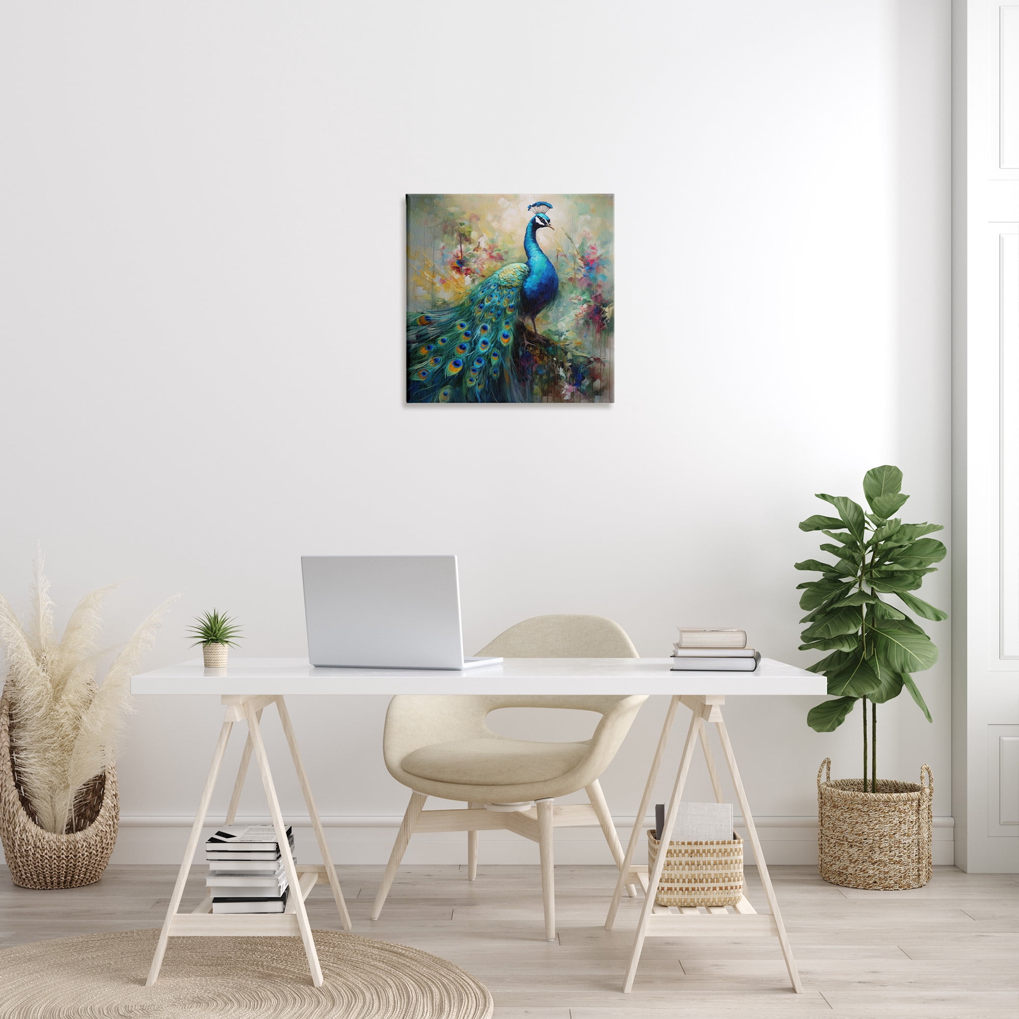 Stupell Industries Floral Peacock Pattern Animals & Insects Painting Gallery Wrapped Canvas Art Print Wall Art, 24 x 24
