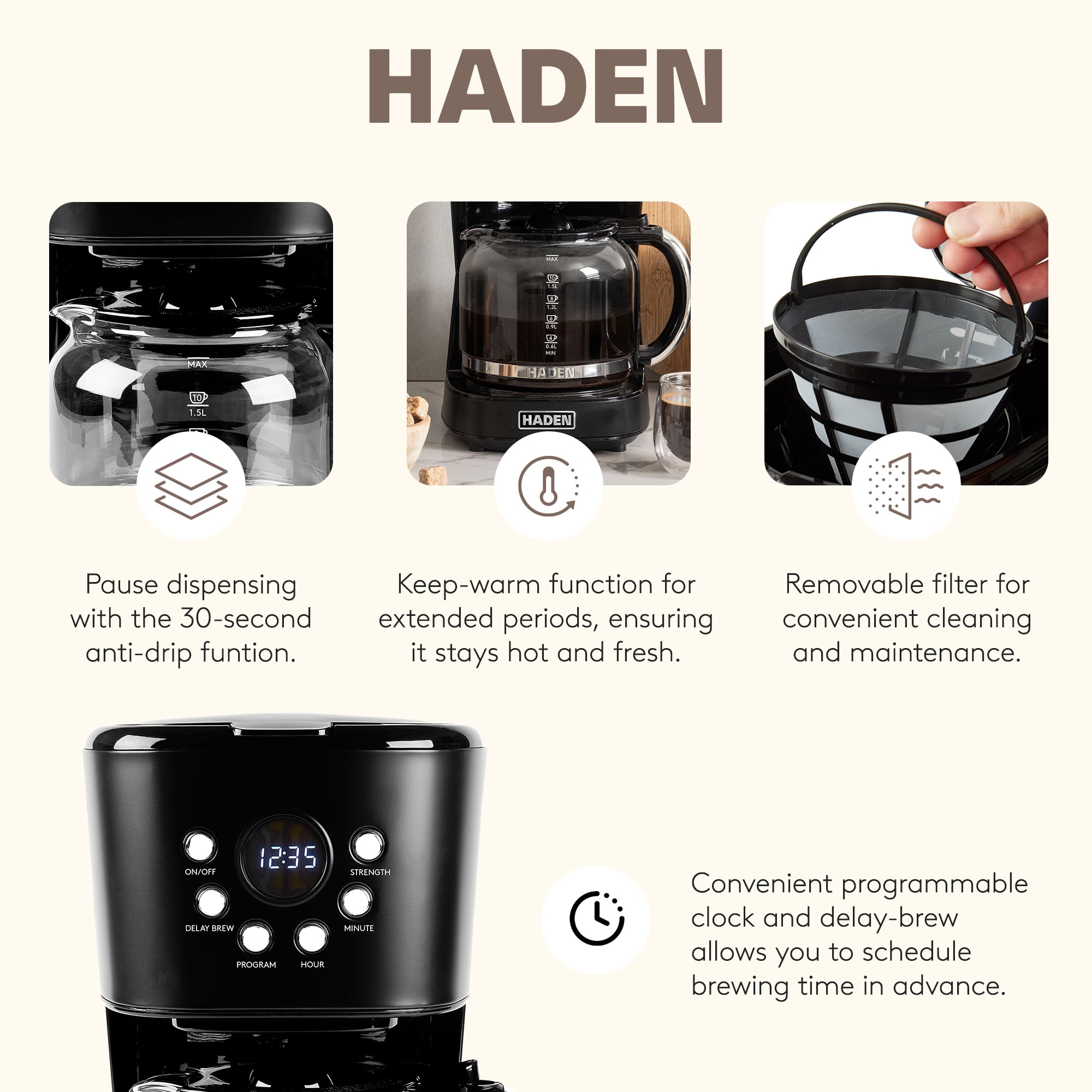 Haden Coffee Maker & Heritage 2 Slice Wide Toaster, Black & Chrome