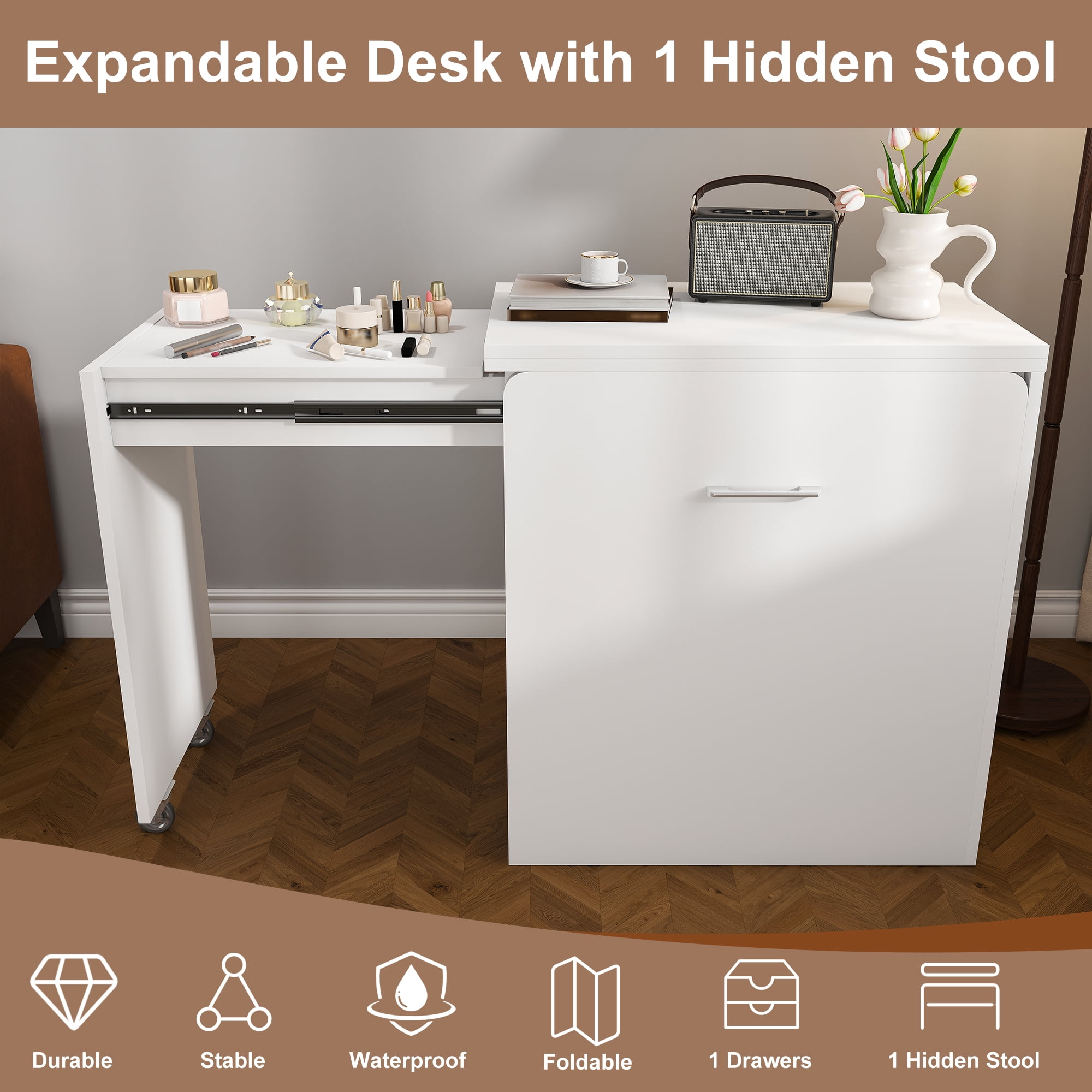 Mintazer 3‑in‑1 Expandable Folding Desk with Flip‑Top HD Mirror & Storage, Multi‑Mode Vanity Table with Hidden Storage Stool & Lockable Wheels for Small Space, White