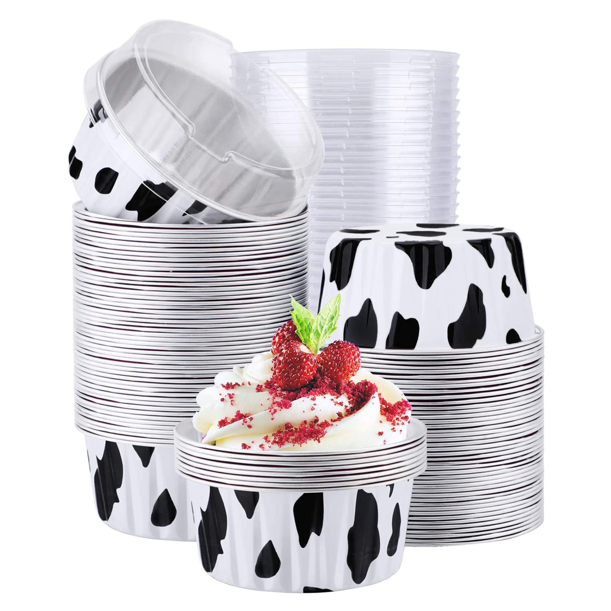 Cake Cups 100 PCS Disposable Aluminum Foil Cupcake Cups with Lids for